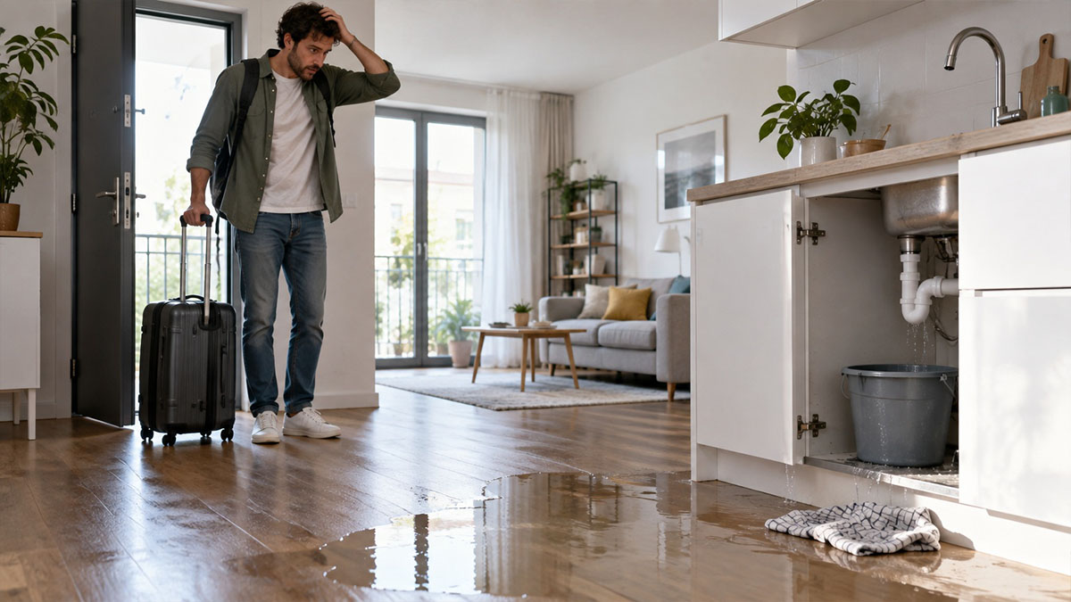 persona con trolley che vede danno da acqua in casa